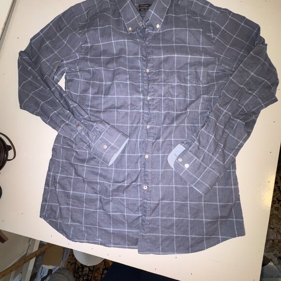 J. McLaughlin Men's Plaid Trim Fit Linen Blend Button Shirt Large Blue White - Picture 2 of 10